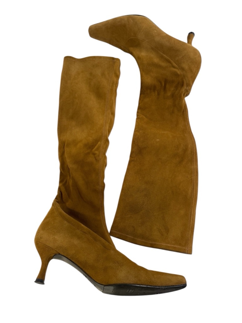 Stuart Weitzman Kitten Heel Pointed Toe Boots in Cognac Suede